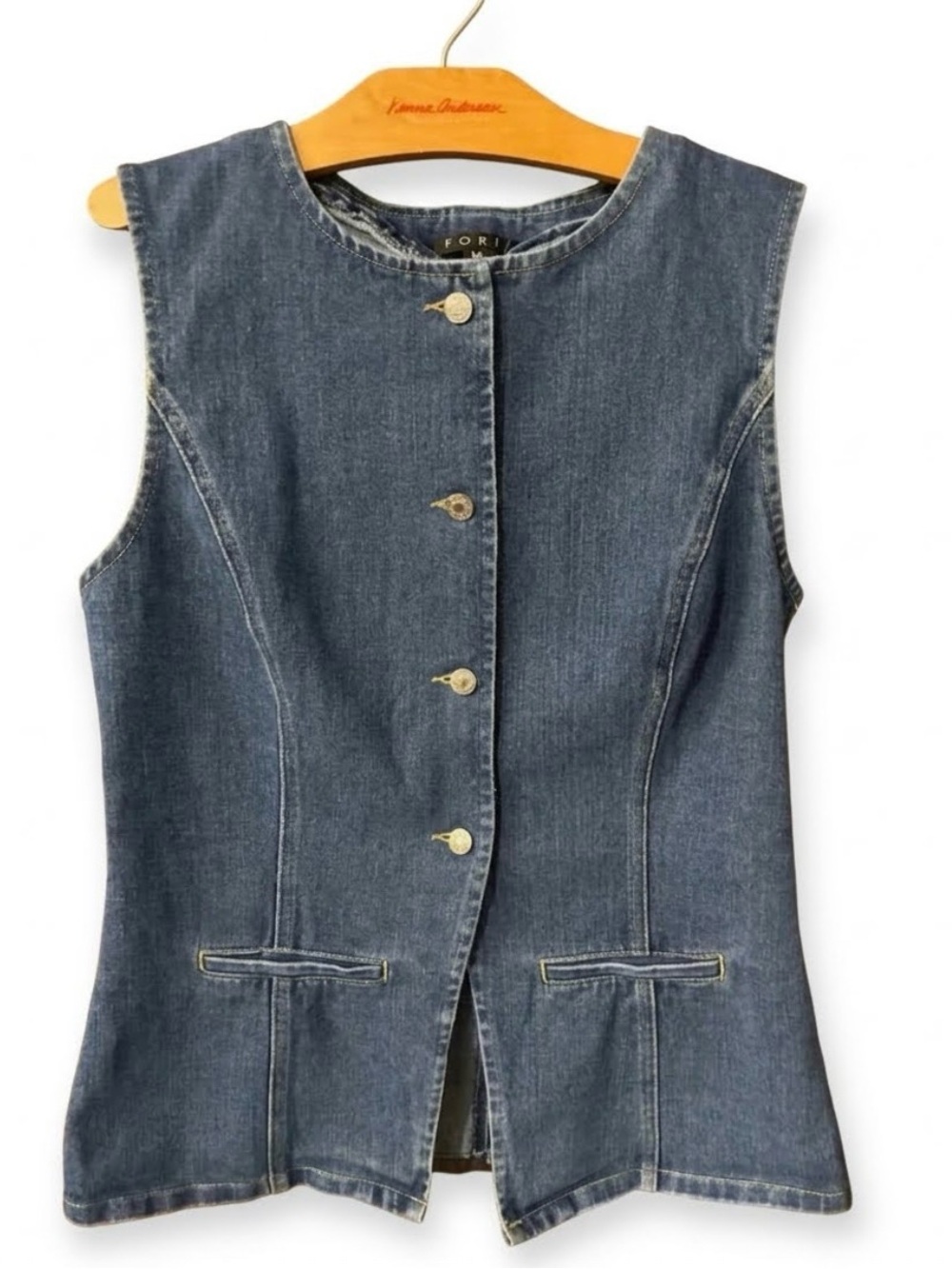 FORE Women’s Longline Denim Vest in a flattering fitted silhouette.
